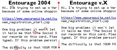 Entourage 2004 text on left, with ligatures and quotes highlighted, compared to Entourage v.X on the right
