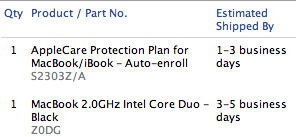 Derek's MacBook order confirmation from the Apple Store online