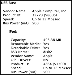 Apple System Profiler view of a USB-connected iPod shuffle